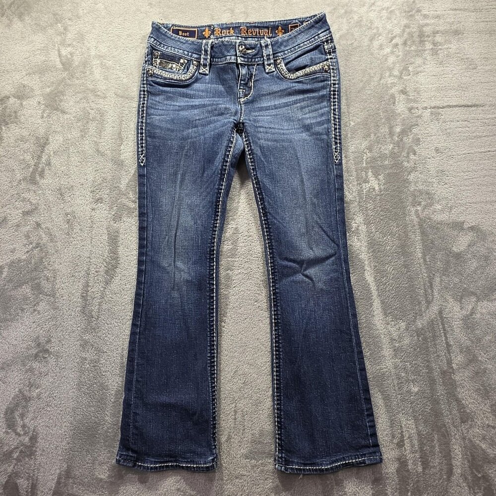 Rock Revival Jeans Womens 29 Blue Roux Bootcut Contrast Stitch Fleur De Lis